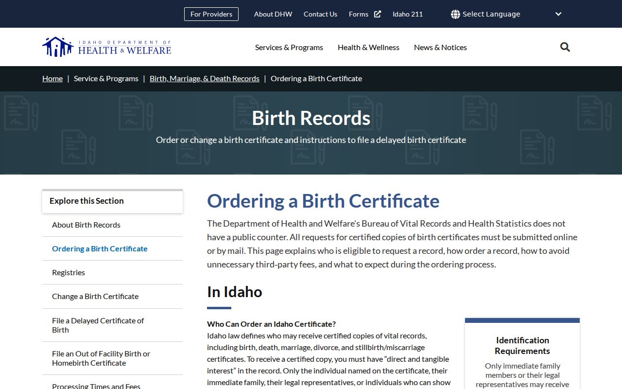 Boise resident lookup birth certificate ordering rules in Idaho