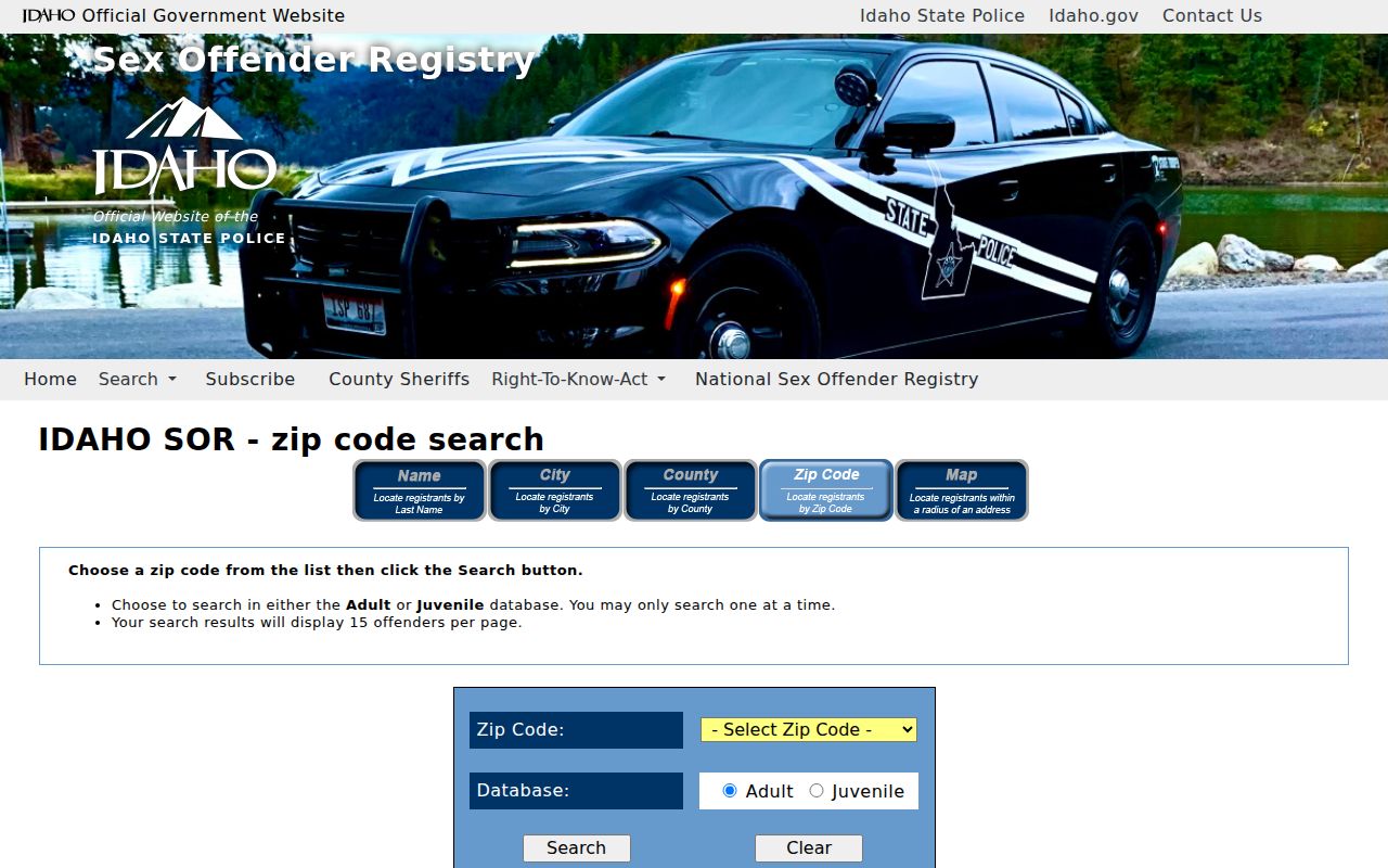 Boise resident lookup using the Idaho public safety registry ZIP search